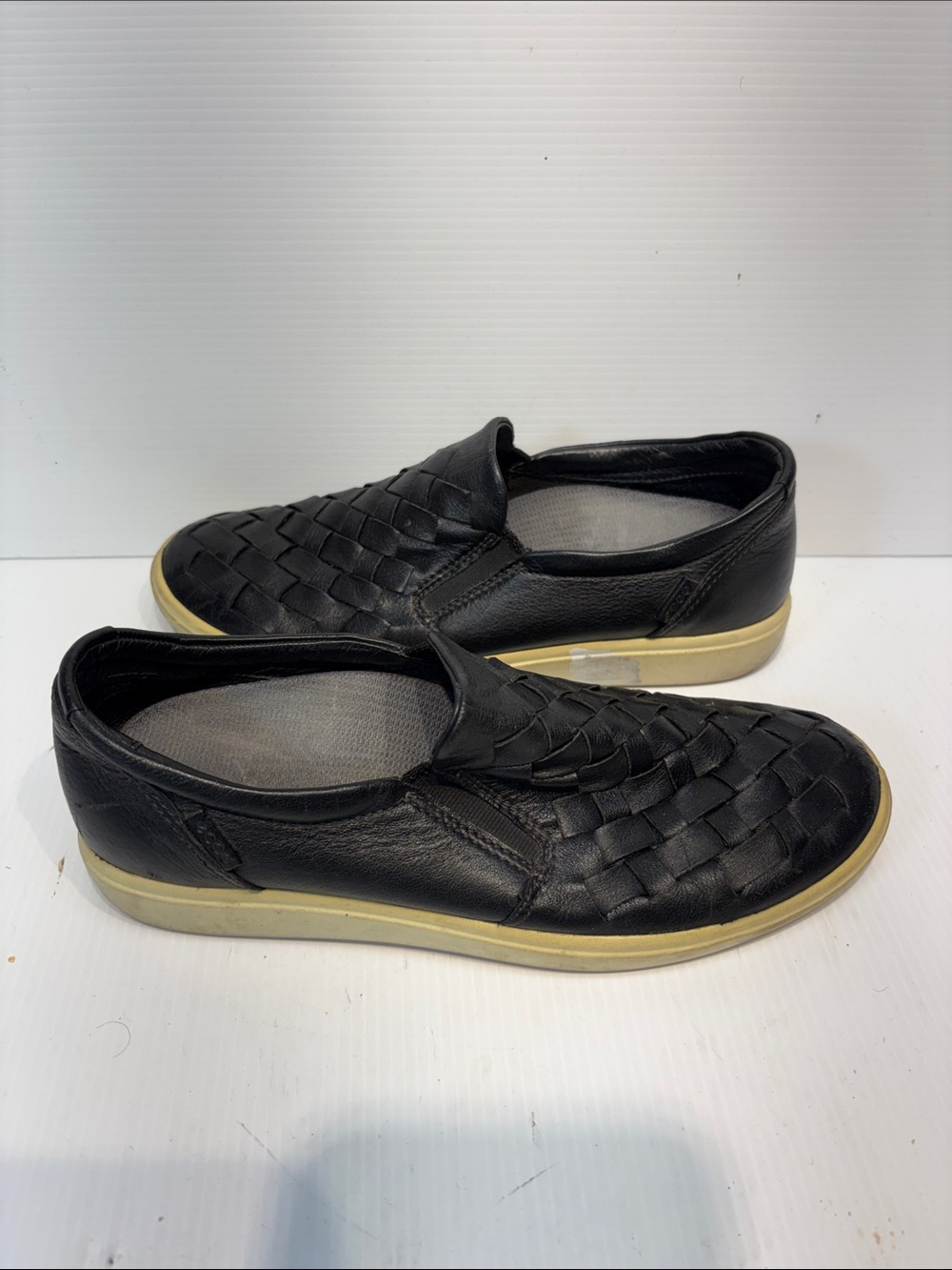 Ecco Black Woven Slip-On Loafers with Cream Sole